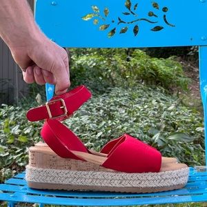 Red Faux Suede Cork Platform Sandals Size 9
